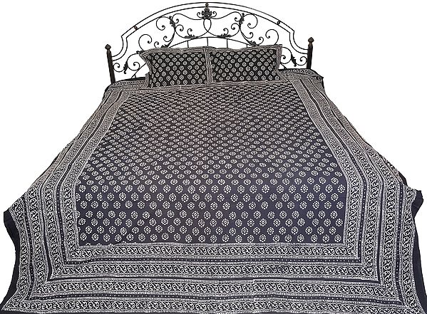 Phantom-Black Bedspread from Gujarat with Block-Printed Bootis