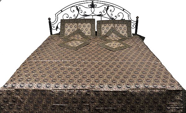 Black and Golden Seven-Piece Bedspread from Banaras with Brocaded Elephants