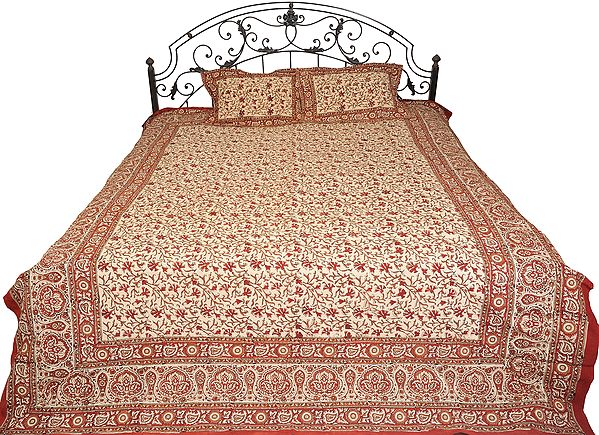 Cream and Red Bedspread with Floral Print