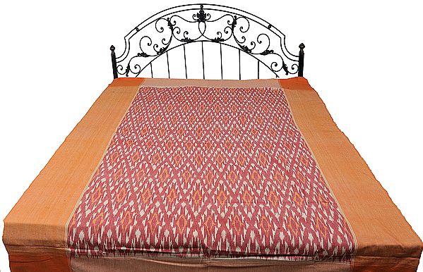 Coral and Red Single Bed Bedspread with Ikat Weave Hand-Woven in Pochampally