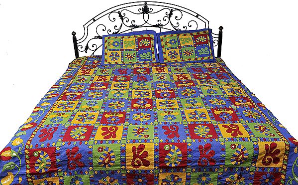 Multi-Colored Sanganeri Bedspread with Printed Flowers and Kantha Embroidery
