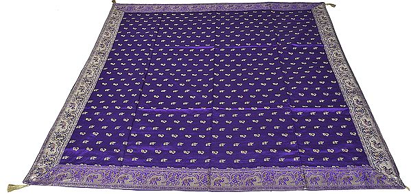Prism-Violet Meenakari Table Cover from Banaras with Woven Elephants and Peacocks