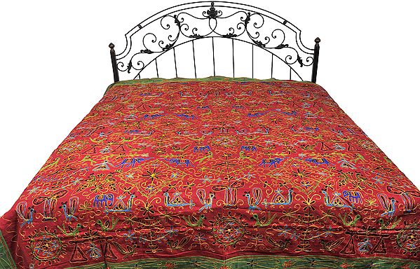 Garnet-Red and Green Gujrati Bedspread with Metallic Thread Embroidered Folk Motifs