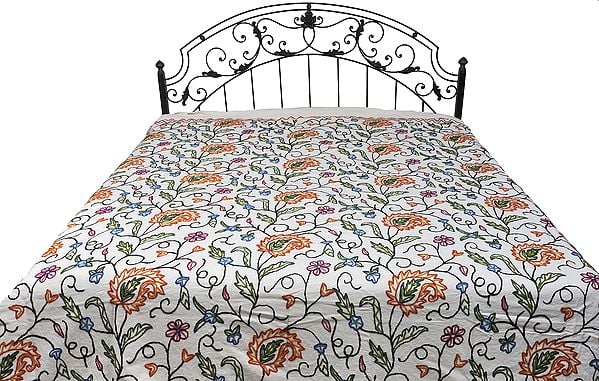Ivory Bedspread from Kashmir with Ari-Embroidered Paisleys and Flowers