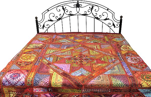 Multi-Color Kutch Patch Bedspread with All-Over Embroidery and Mirrors