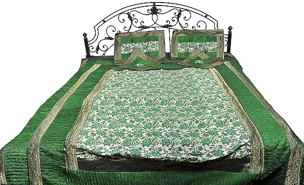 Five-Piece Banarasi Bedspread with Woven Flowers All-Over and Brocaded Border