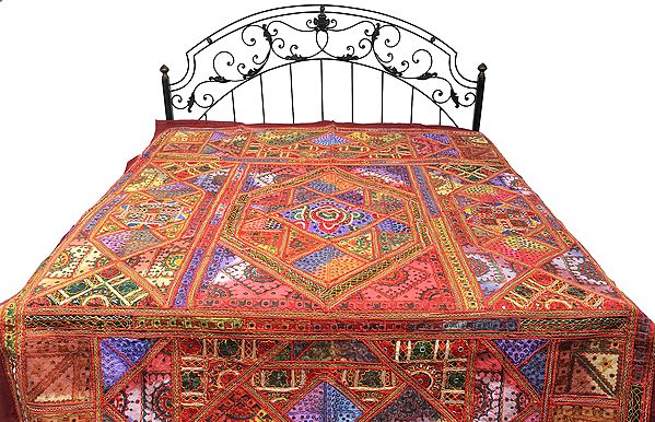 Garnet-Red Kutch Patch Bedspread with All-Over Embroidery and Mirrors