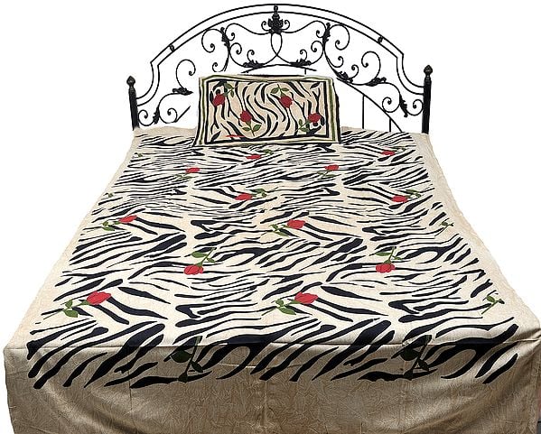 Beige Single-Bed Bedspread from Pilkhuwa with Printed Tiger Stripes and Roses