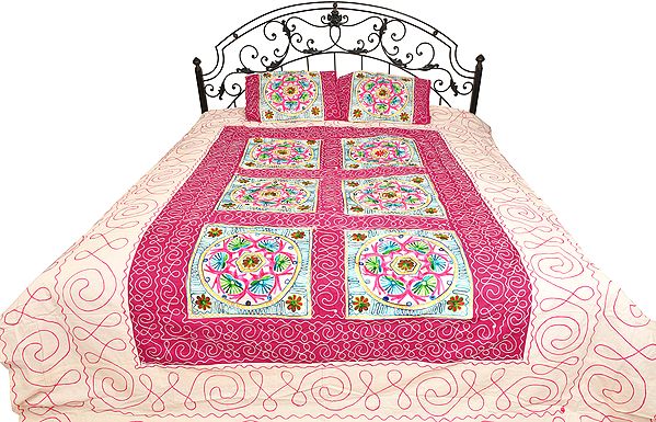 Ivory Gujarati Bedspread with Floral-Embroidery and Mirrors