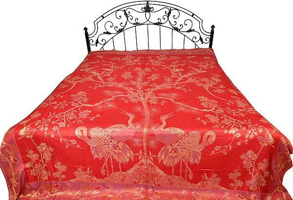 Cardinal-Red Reversible Jamawar Bedspread with Woven Tree of Life
