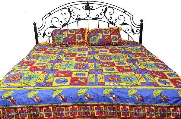 Sanganeri Bedspread with Printed Umbrellas and Kantha Stitch Embroidery