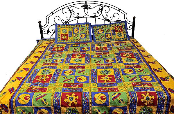 Sanganeri Bedspread with Printed Umbrellas and Kantha Stitch Embroidery