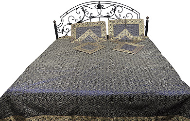Seven-Piece Banarasi Bedspread with Tanchoi Weave and Brocaded Paisleys