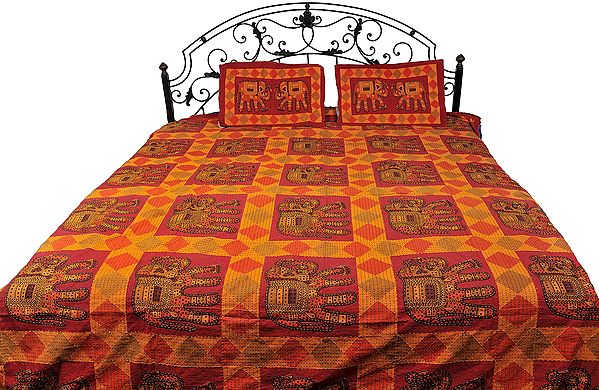 Pompeian-Red Sanganeri Bedspread with Printed Elephants and Kantha Stitched Embroidery