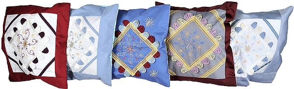 Lot of Five Cushion Covers with Thread Embroidered Flowers and Patch-Work