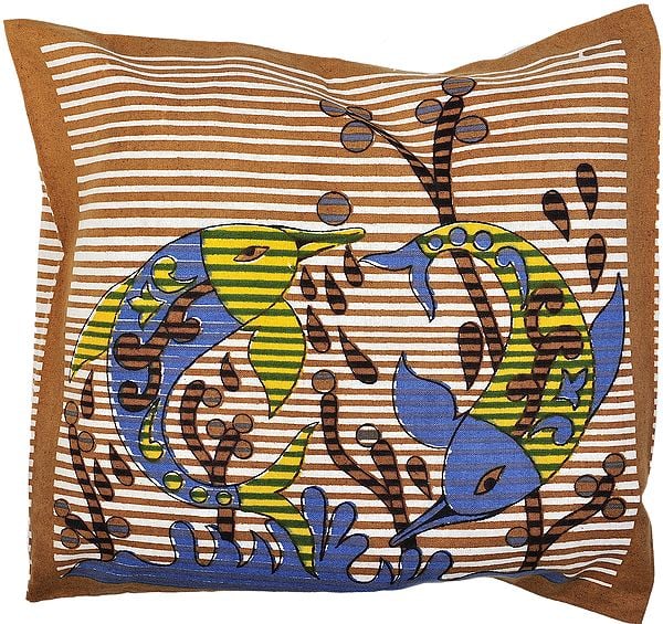 Golden-Brown Cushion Cover with Printed Fishes