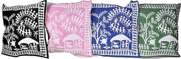Lot of Four Cushion Covers with Printed Folk Figures Inspired by Warli Art