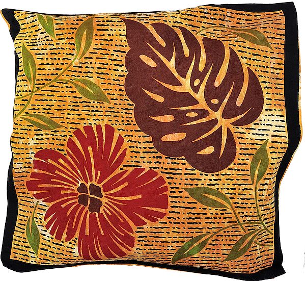 Mustard Cushion Cover with Printed Flowers and Leaves
