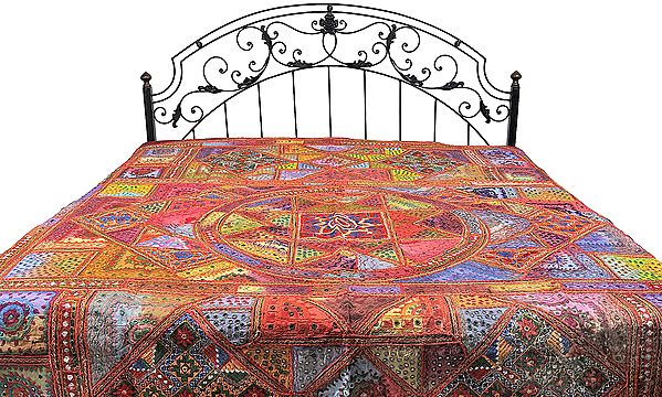 Cardinal-Red Kutch Patch Bedspread with Large Embroidered Mandala