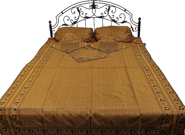 Amber-Gold Five-Piece Banarasi Single Bedspread with Tanchoi Weave
