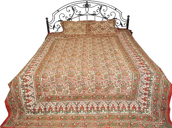 Red-Ochre Bedspread from Sanganer with Printed Flowers