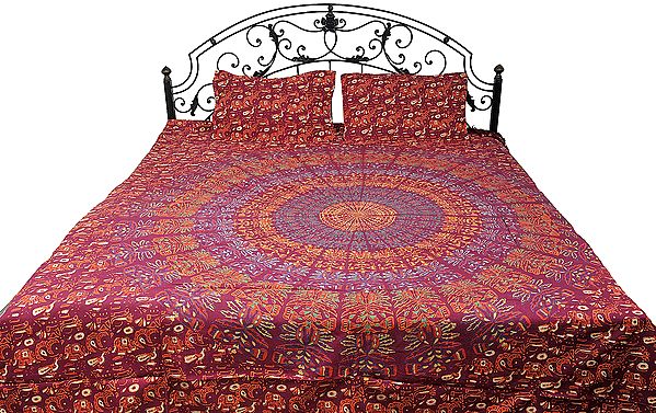 Maroon Bedspread from Pilkhuwa with Printed Giant Mandala