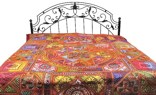 Multi-Color Giant Mandala Bedspread from Kutch with Embroidered Mirrors