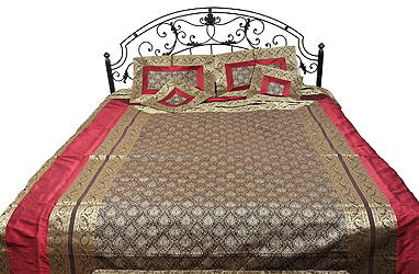 Five-Piece Banarasi Bedspread with Brocaded Paisleys