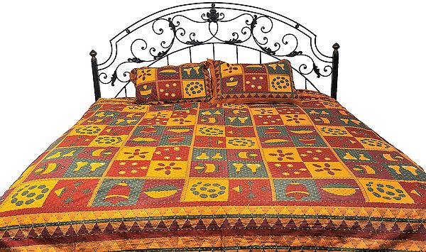 Mustard Sanganeri Bedspread with Printed Flowers and Kantha Embroidery