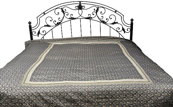 Steel-Gray Banarasi Bedspread with All-Over Woven Flowers