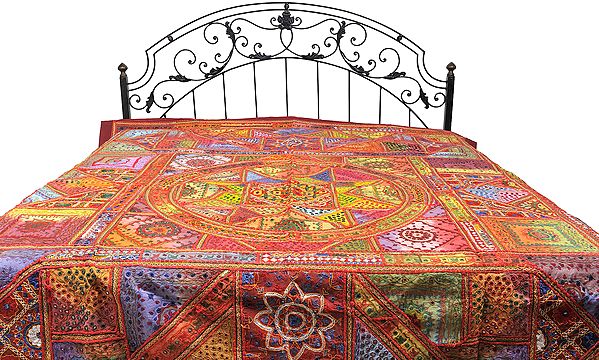 Multi-Color Kutch Patch Bedspread with All-Over Embroidery and Mirrors