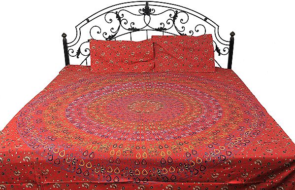 Fiery-Red Mandala Bedspread from Pilkhuwa with Jodhpuri Print