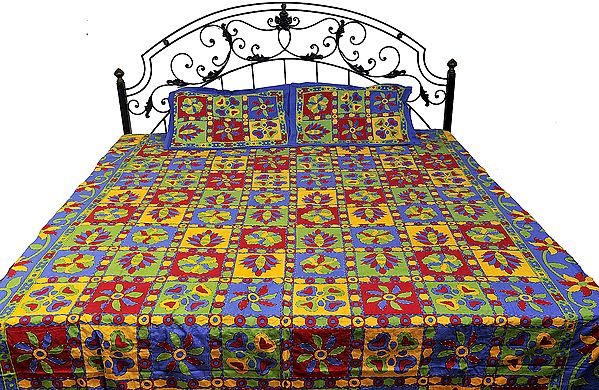 Blue-Iris Sanganeri Bedspread with Printed Flowers and Kantha Embroidery