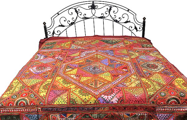 Antiquated Kutch Patch Bedcover with All-Over Embroidery and Mirrors