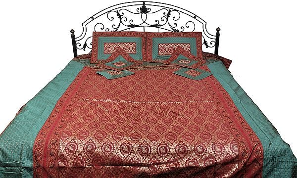 Scarlet and Green Seven-Piece Banarasi Bedspread with woven Elephants and Butterflies