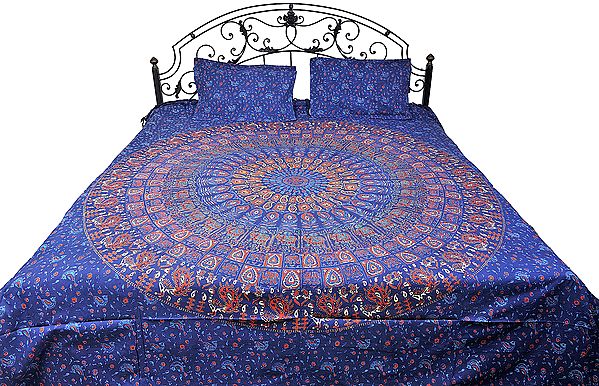 Navy Blue Bedspread from Pilkhuwa with Printed Giant Mandala