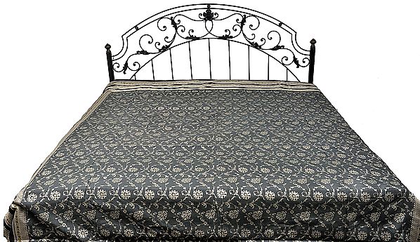 Neutral-Gray Bedspread with All-Over Woven Flowers and Meenakari Border