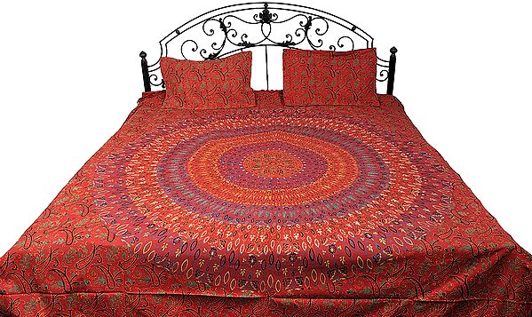 Poppy-Red Mandala Bedspread from Pilkhuwa with Jodhpuri Print