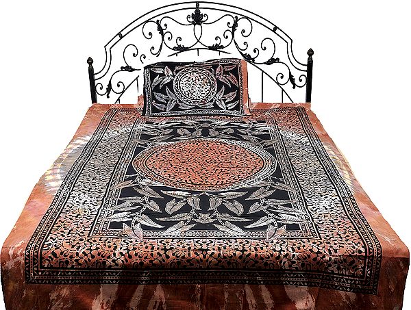 Brown and Black Single-Bed Bedspread from Pilkhuwa with Large Printed Leaves