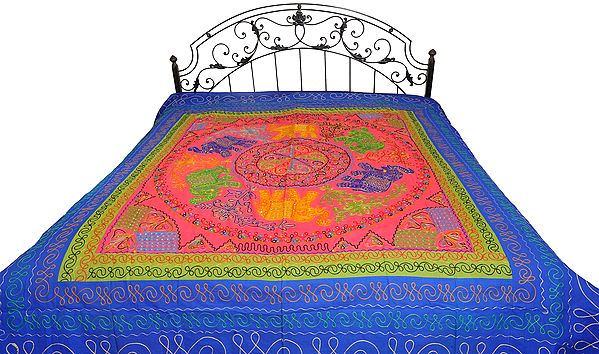 Gujarati Bedspread with Appliqué Elephants and All-Over Embroidery
