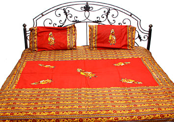 Rococco-Red Applique Bedspread from Gujarat with Embroidered Lady