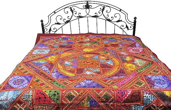 Multi-Color Kutch Patch Bedspread with Giant Mandala