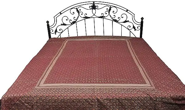 Earth-Red Banarasi Bedspread with All-Over Woven Flowers