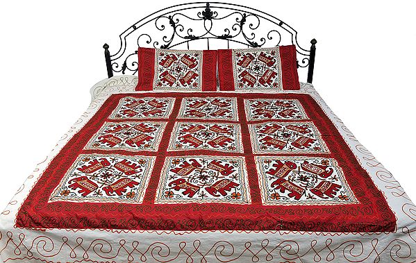 Ivory and Red Gujarati Bedspread with Embroidered Elephants and Mirrors