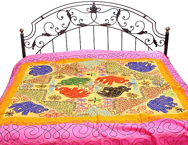 Mimosa-Yellow and Pink Gujarati Bedspread with Applique Elephants and Hand-Embroidery
