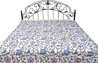 Kashmiri Bedspread with Ari-Embroidered Flowers All-Over