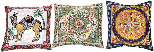 Lot of Three Cushion Covers with Aari Embroidery