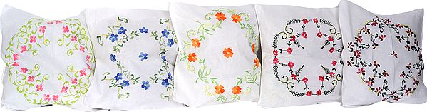 Lot of Five Ivory Cushion Covers with Ari Embroidered Flowers