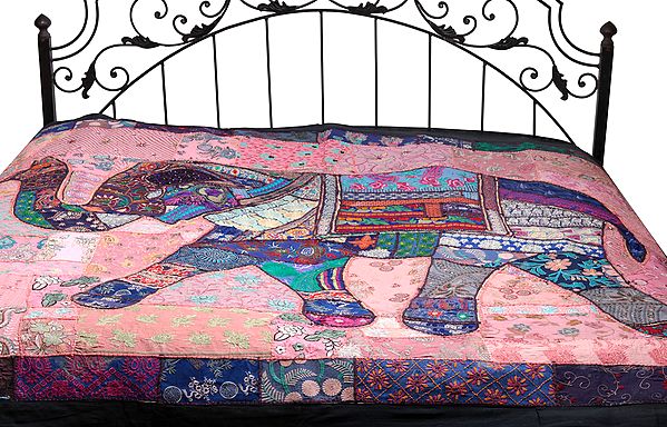 Gujarati Bedcover with Applique Elephant and All-Over Embroidery with Sequins Work