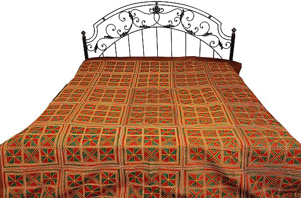 Hand-Embroidered Bedspread from Kutch with Geometrical Designs